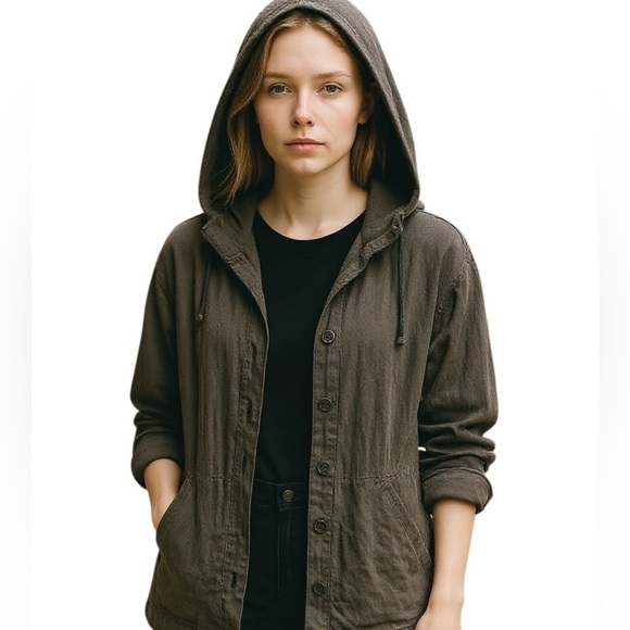 ORGANIC LINEN EILEEN FISHER Women’s SZ L Anorak Jacket Button Pockets Hood Brown - Picture 6 of 17